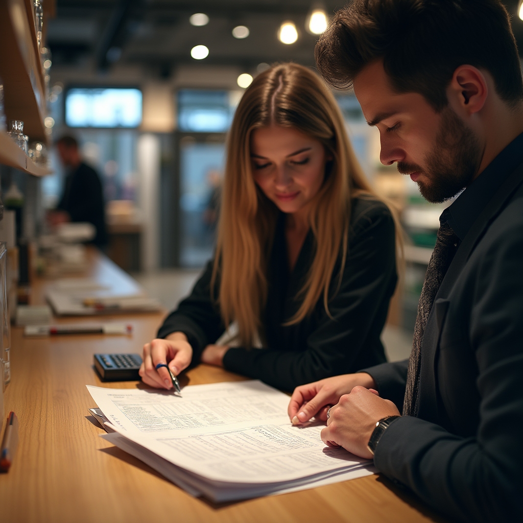 Consultora y propietario revisando listado de precios en mostrador